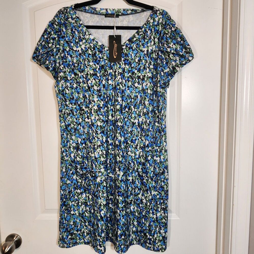 Women’s Floral Dress Size L Blue Green Short Sleeve V‑Neck New With Tags